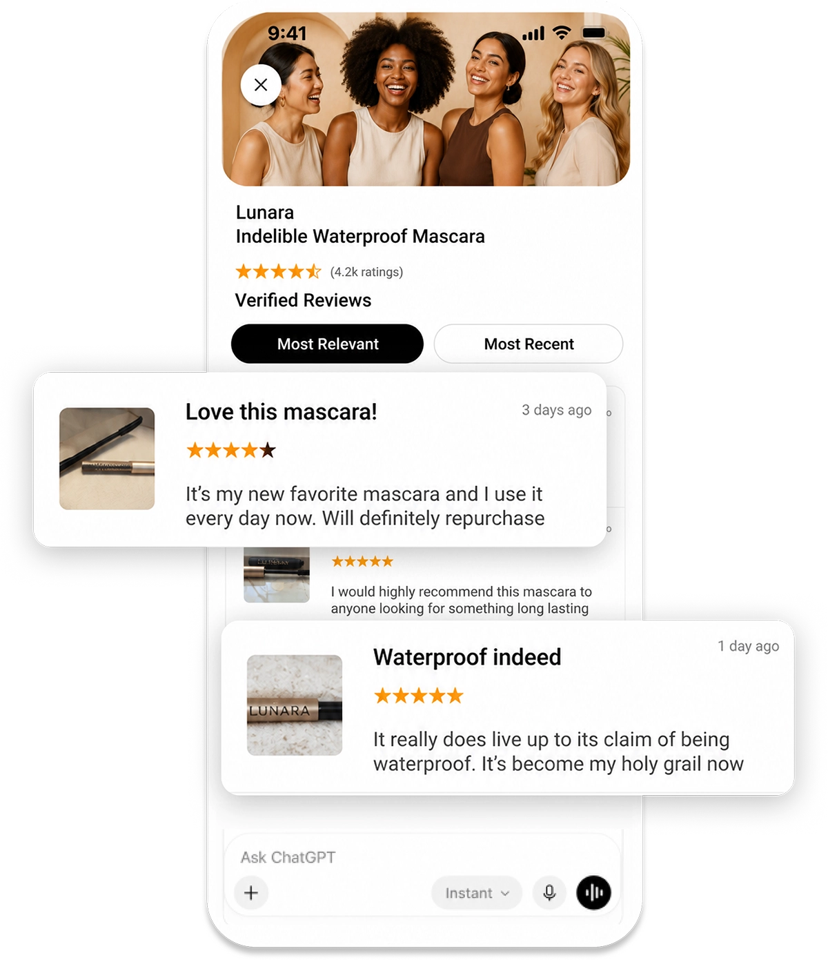 With Agentic BrandStore: visual branded experience with brand-approved reviews in response to a shopper's question on product feedback