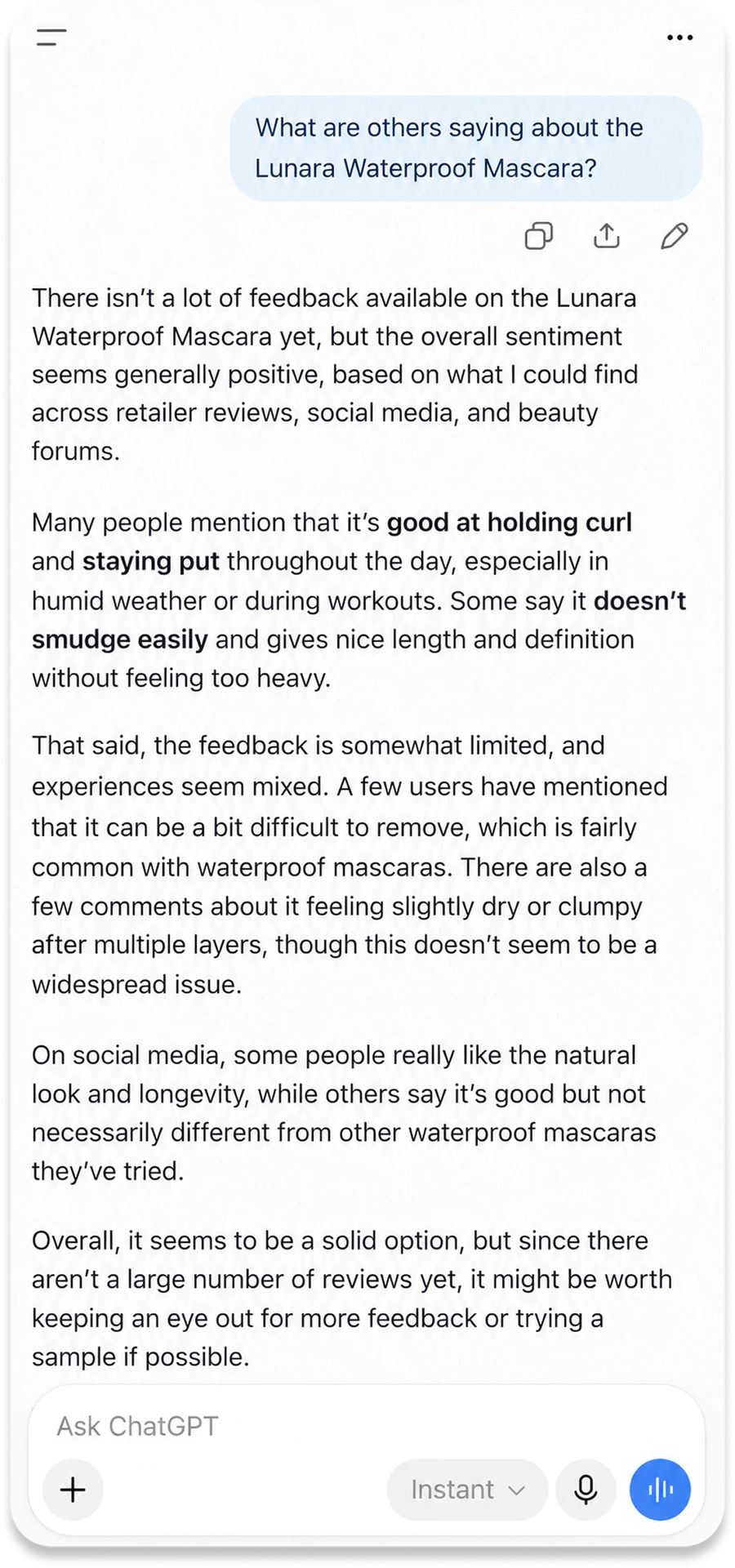 Without Agentic BrandStore: Wall of default LLM text response with mixed reviews when a shopper asks about a product's feedback