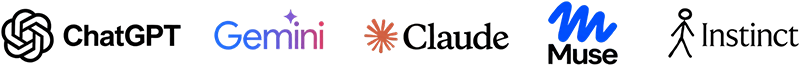 Logos of ChatGPT, Gemini, Claude, Muse, and Instinct AI assistants and agents