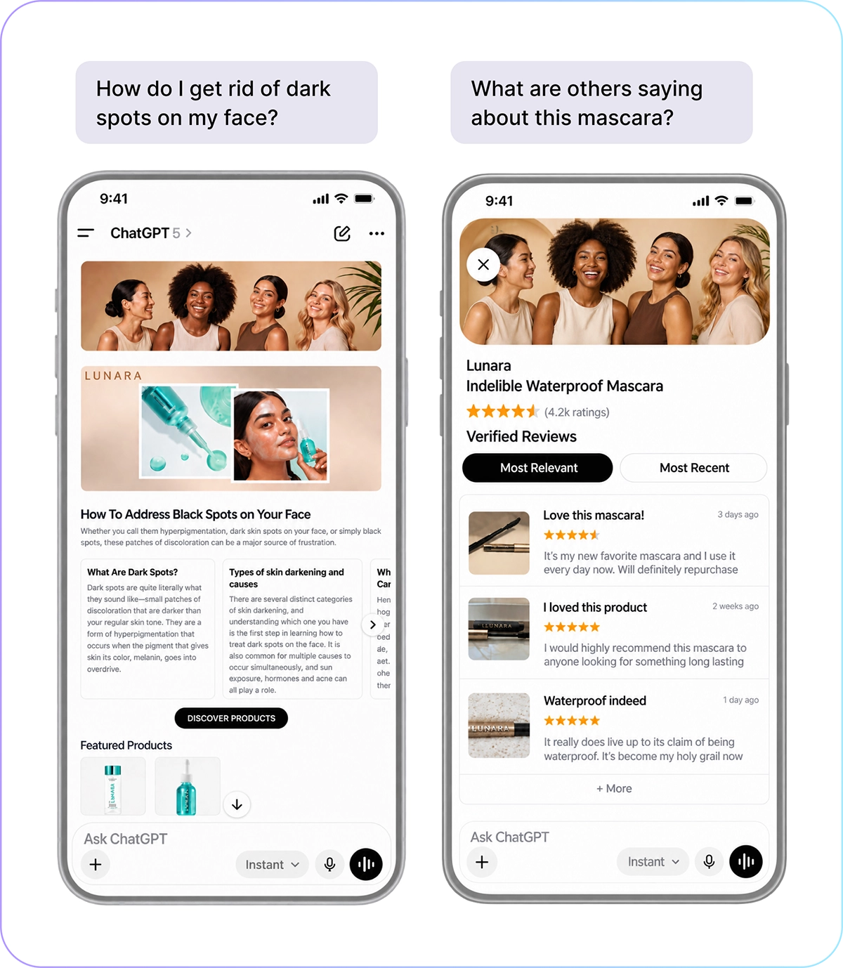 Branded storefront examples on AI platforms that show a brand's visuals with lifestyle and review content for shopper queries.